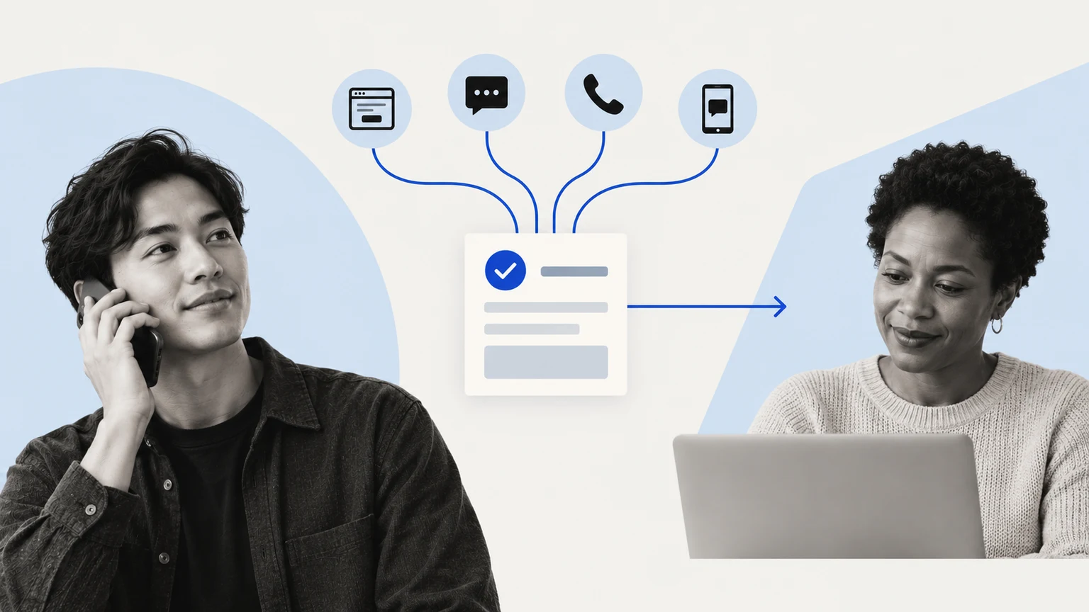 Two people in a grayscale photographic collage connected by blue communication paths.