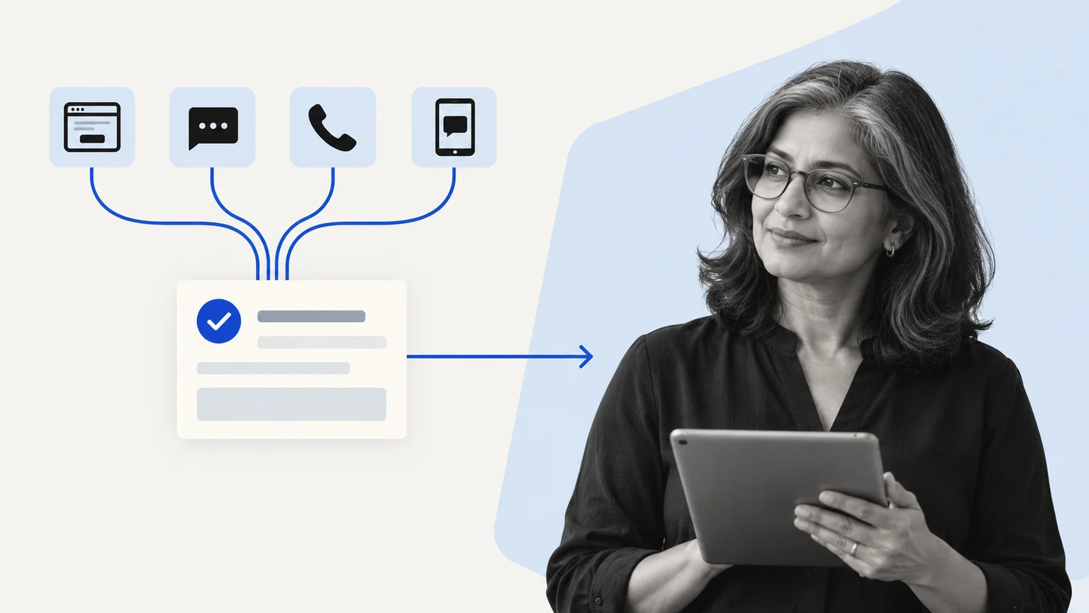 A person considering a request beside connected phone and message channels in blue and grayscale.