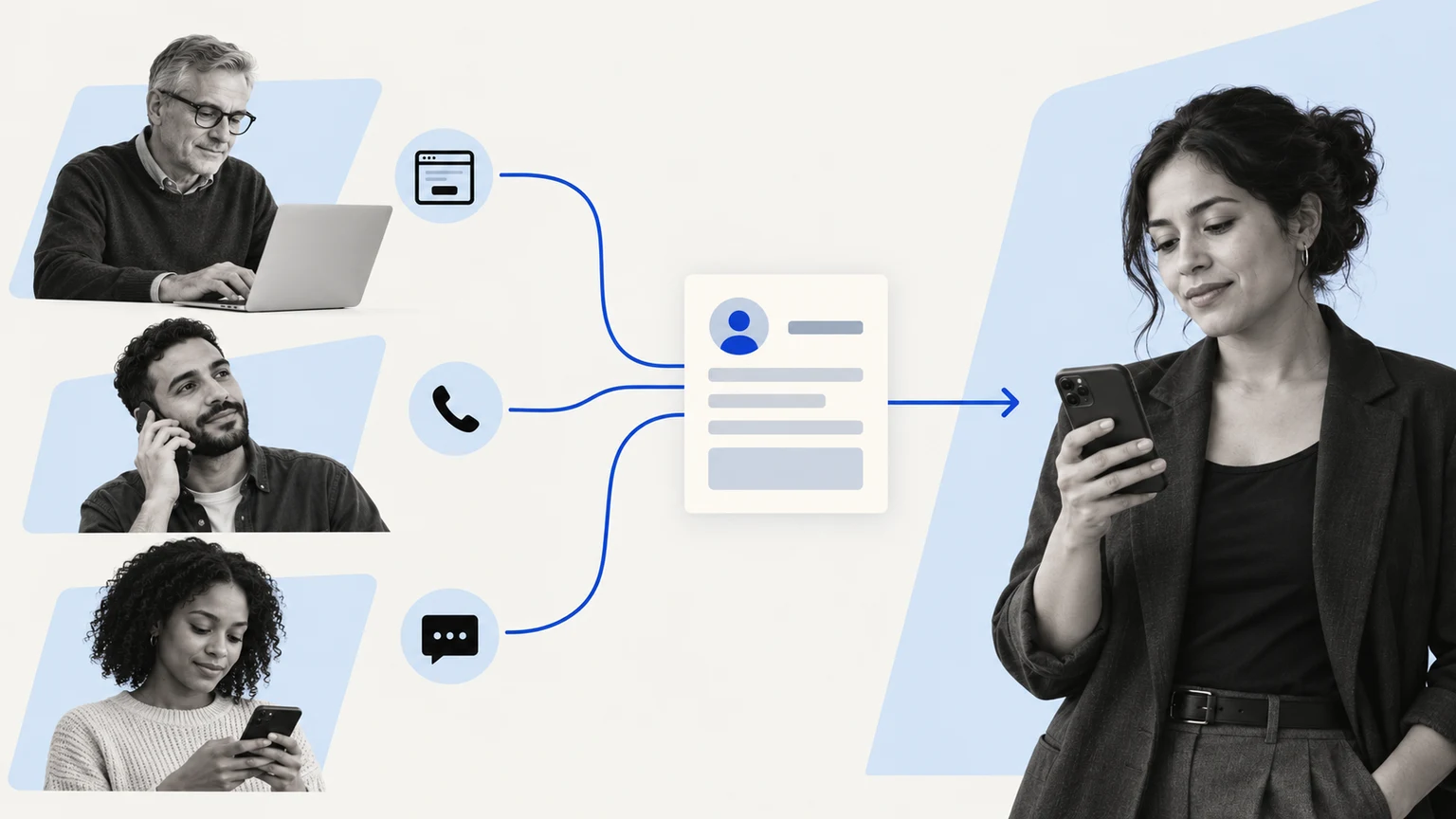 Different communication channels connect to one intake form in a blue and grayscale collage.