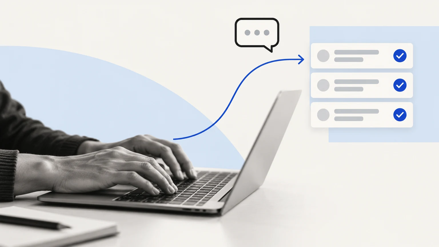 Hands working at a laptop with blue connections illustrating a setup workflow.